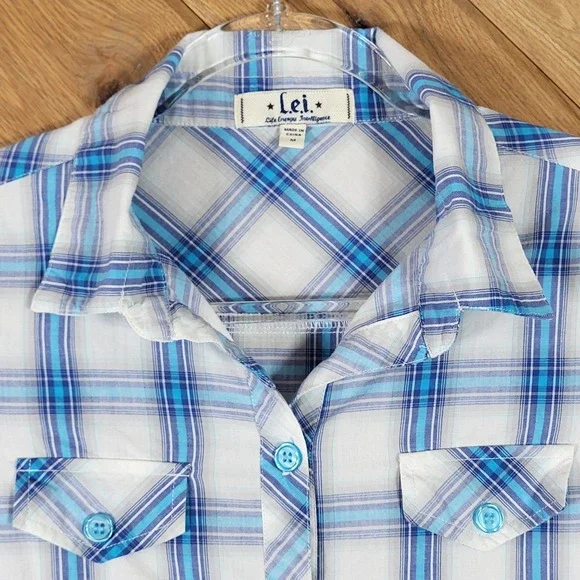 L.E.I. Shirt Dress Women Junior M Plaid Button Front Short Sleeve Blue White - Picture 2 of 9